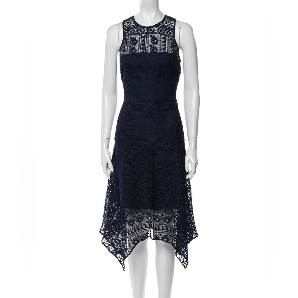 Parker Navy Blue Asymmetrical Lace Pattern Midi A-Line Dress Small S